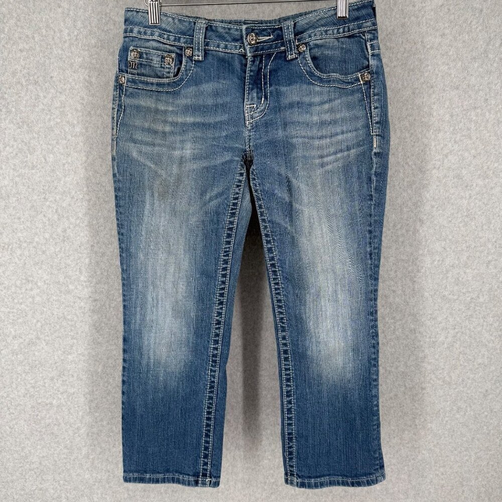 Miss Me Womens VTG Capri Fit Jeans Size 28 Blue Denim Fleur De Lis Pocket FLAWS